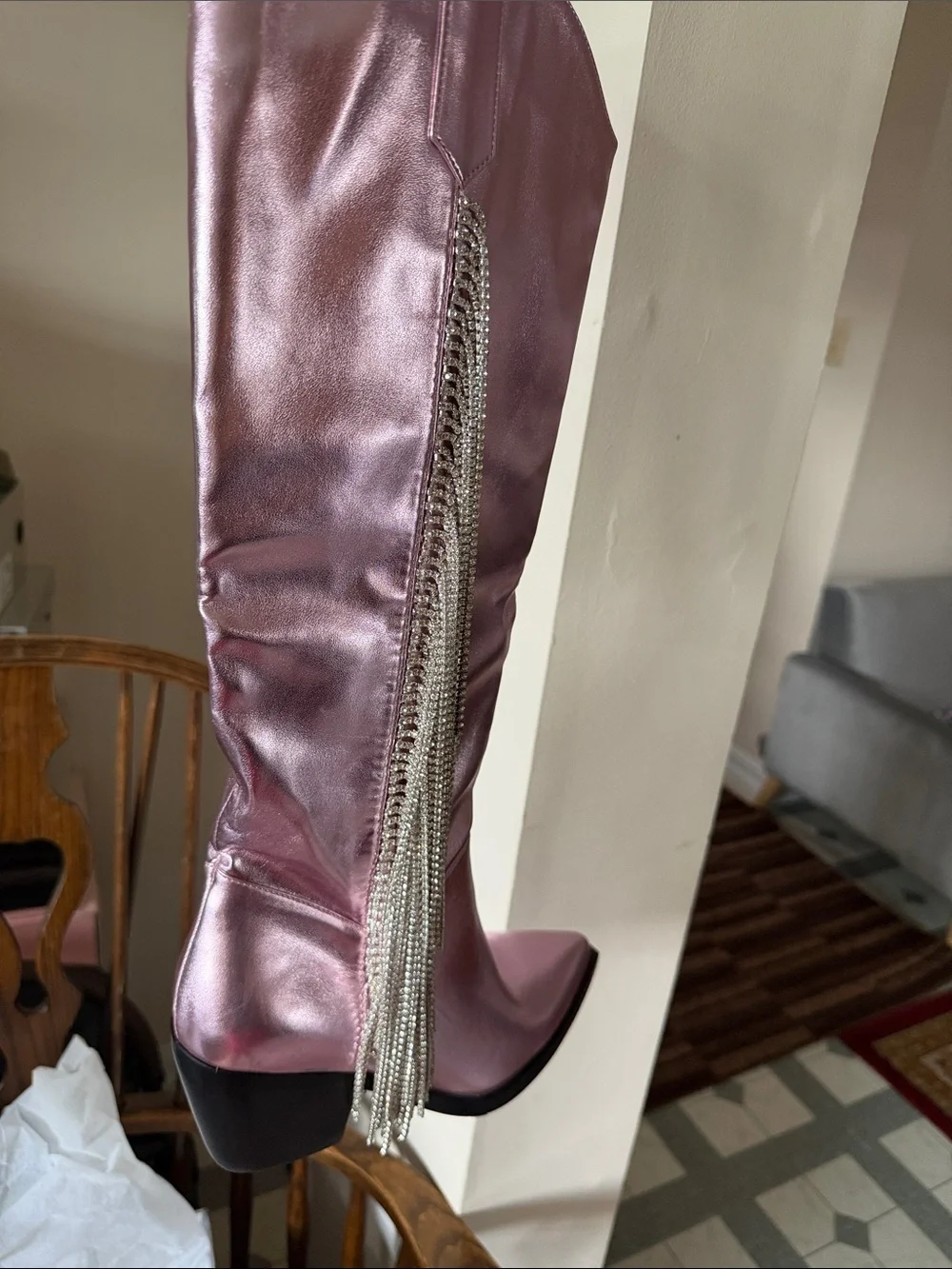 Metallic Pink Tassel-Trim Wedge Boots